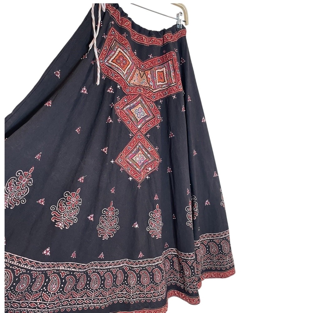 VTG BOHO Skirt Embroidered Mirrors Beaded Block Print SZ M/L  Tie Waist